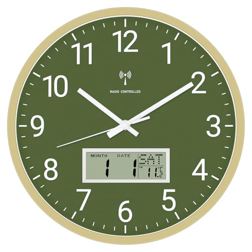 Foxtop Reloj de pared inalámbrico digital y analógico de 30 cm con pantalla LCD, reloj digital por radio, reloj de pared con temperatura, fecha, día de la semana, silencioso, para salón, cocina, baño