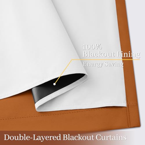 Image of Yakamok Burnt Orange 100% Blackout Curtains 63 Inches Long 50 inch Wide 2 PCS | Blackout Curtain Panels for Bedroom, 2 Thick Layers Grommet Top Thermal Insulated Drapes with White Back for Living Room