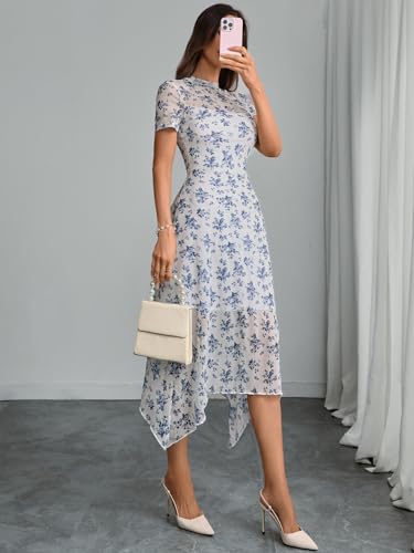 Image of GothDark Women Summer Wedding Guest Floral Mesh Irregular Hem Midi Dress | A-Line, Short Sleeve, Sheer Mesh Overlay, Elegant Vintage Dresses For Party, Semi Formal, Vacation, Dinner, Church