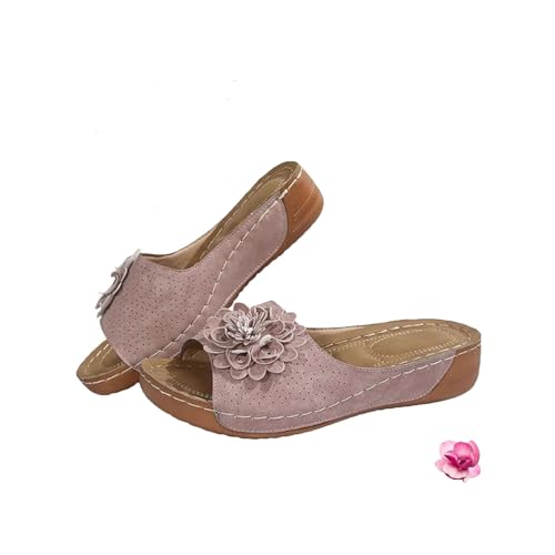 Breathable Orthopedic Open-Toe Slippers for Women, Flower Sandals Arch Support Leather Wedge Platform Sandals