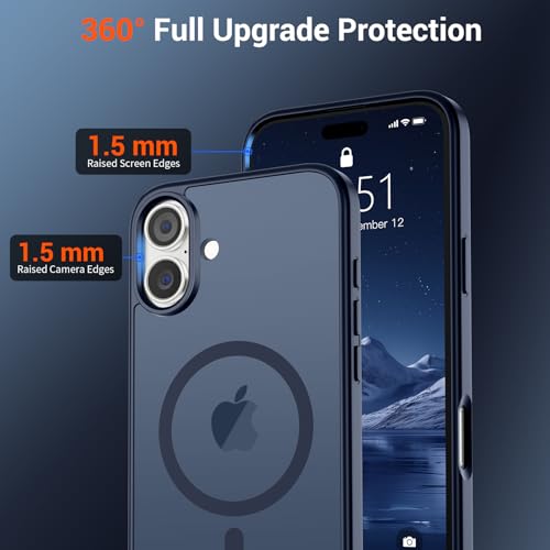 Image of SUPFINE Magnetic for iPhone 16 Case (Compatible with MagSafe) (Military Grade Drop Protection) Translucent Matte Shockproof Phone Cover,Dark Blue