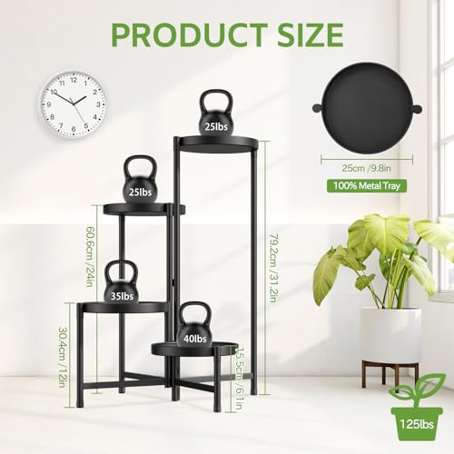 Image of iDavosic.ly 4 Tier Large Plant Stand Indoor with 10 Inch Wide Tray, Tiered Corner Metal Outdoor Flower Display Holder Shelf, Folding Tall Rack for Patio Porch Living Room, Modern Black