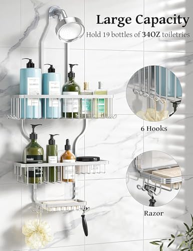 YASONIC Shower Caddy Hanging - Never Rust Shower Organizer - Aluminum Over The Head Caddy with 10 Hooks for Razor/Sponge - Rack with Soap Basket - Silver