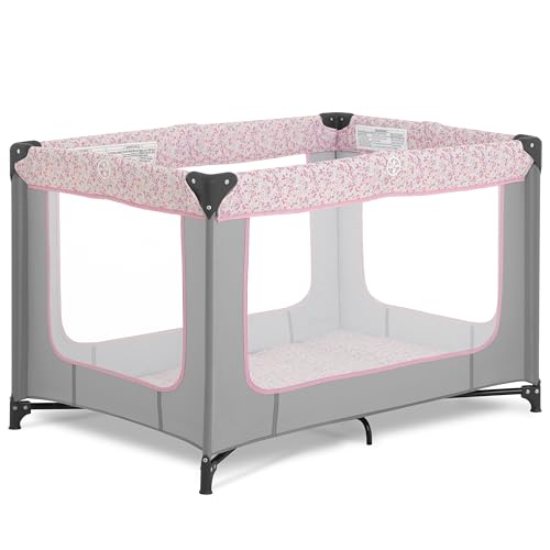 Dream On Me Zodiak Portable Playard in Grey and Pink, Lightweight, Packable and Easy Setup Baby Playard, Breathable Mesh Sides and Soft Fabric – Comes with a Removable Padded Mat