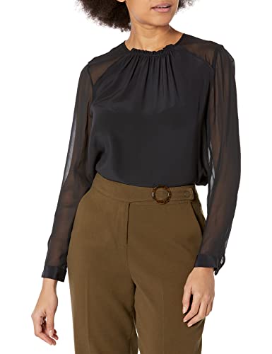 CLUB MONACO Women's Silk Ruched Neck TOP, Black, Medium