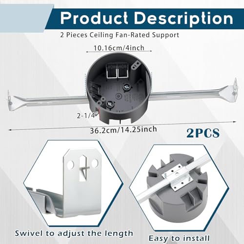 Therwen 2 Pcs Ceiling Fan Brace Electrical Box 14.25 to 22.5 Inch Adjustable Electrical Box and Support Bar Fan Mounting Bracket for Summer Light Fixtures Installations (Gray) by Therwen - Image 2