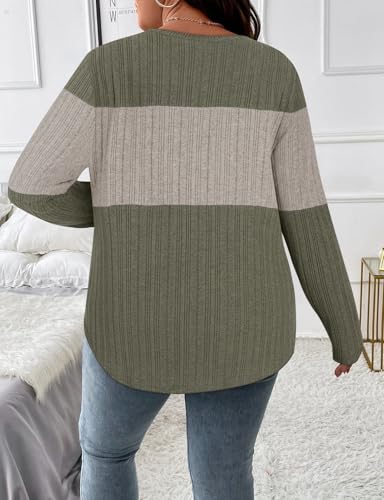 Image of Koscacy Women Plus Size Casual Knit Sweater V Neck Solid Color Tops Lightweight Long Sleeve Blouses