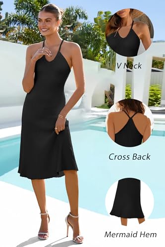 Image of Arach&Cloz Women's Knit Adjustable Halter V Neck Summer Vacation Dress 2025