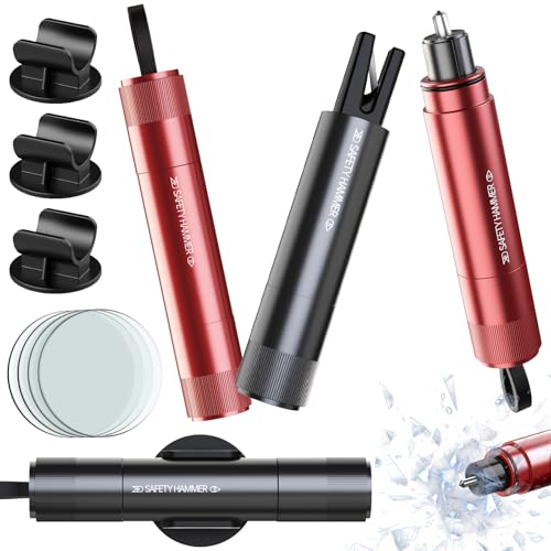 2-in-1 Auto Notfallhammer mit Gurtenschneider, 4 Stück Sicherheitshammer Set mit Federkraft-Tungstahlkopf, U-Form Klinge, Übungsglas und Klebebasis für Auto, Bus – Notfallwerkzeug Kit