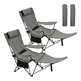 WOLTU Campingstuhl Faltbar 2er Set mit Fußablage, 3 Positionen Verstellbar, mit Getränkehalter Seitentasche, bis 150 kg belastbar, für Camping Angeln Picknicks Strand,Grau