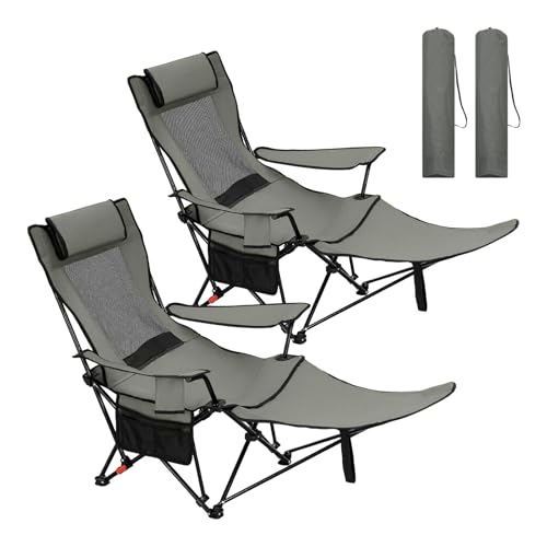 WOLTU Campingstuhl Faltbar 2er Set mit Fußablage 3 Positionen Verstellbar mit Getränkehalter Seitentasche bis 150 kg belastbar für Camping Angeln Picknicks Strand Grau