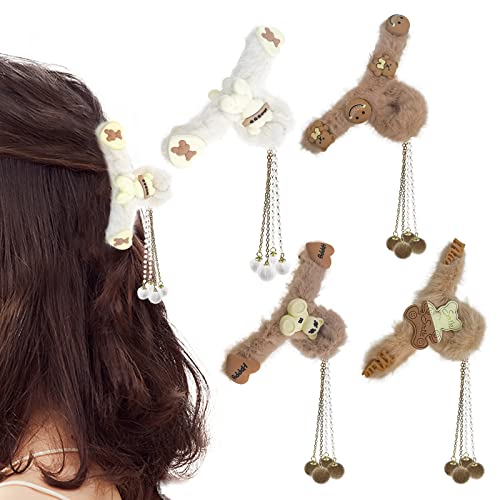 4 Pack Furry Cute Little Bear Hair Clips With Pearl Pendant Clamp Nonslip Hair Claw Hair Accessories For Women Girls For Thinner Thick Hair Styling Fashion Hair Supplies #TOP23