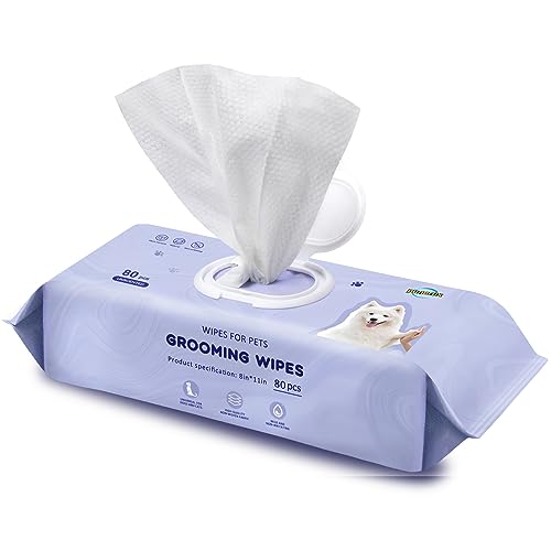 punerux Dog Grooming Wipes Cleaning Deodorizing 8" x 11", Large Pet Wipes for Dogs and Cats, Plant-Based, Hypoallergenic Puppy Wipes for Paws and Butt, Body, Ears and Eye Area, Unscented, 80 Count