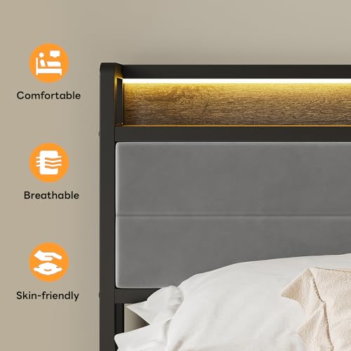 Image of LIKIMIO Queen Bed Frame with Storage Headboard and LED Lights, Metal Platform Bed with Charging Station, Noise Free, No Box Spring Needed, Under Bed Storage, Charcoal Gray
