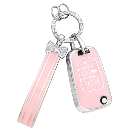 PIFOOG Key Fob Cover for Chevy 5 Button Malibu Equinox Camaro Cruze Trax Impala Sonic Pink Car Keys Case Shell Protector Bling Keychain Full Cover Accessories Cute Girly Women TPU