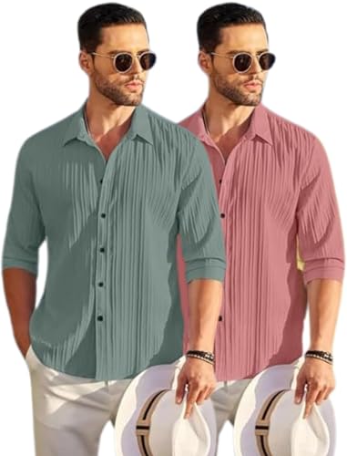 Image of FINIVO FASHION Combo of Men's Casual Cotton Plain Button Down Shirt Long Sleeve Textured Summer Beach Shirt for Men Pack of 3
