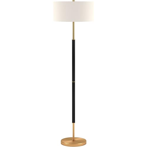 Henn&Hart 2-Light Floor Lamp with Fabric Shade in Matte Black/Brass/White, Floor Lamp for Home Office, Bedroom, Living Room, 61" Tall