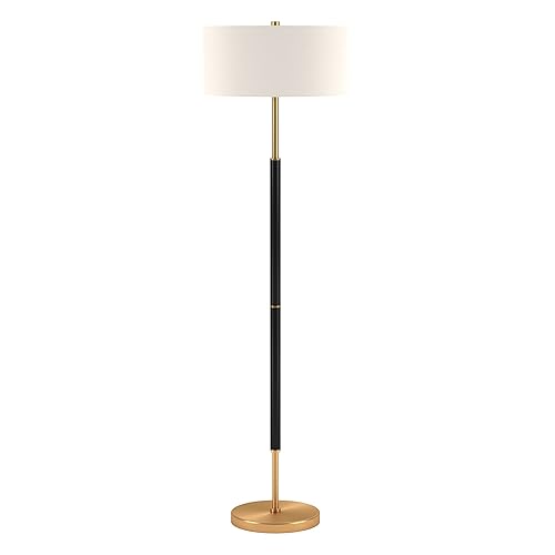2-Light Floor Lamp with Fabric Shade in Matte Black/Brass/White, Floor