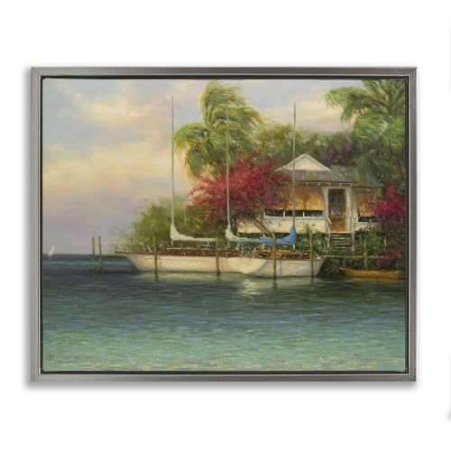 Tropical Boats Waterfront Coastal, 24 x 30 Inch Canvas in Floater Frame