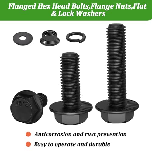 Image of 20 Set M6-1.0 x 30mm Flanged Hex Head Bolts,Flange Nuts,Flat & Lock Washers,10.9 Black Zinc Plated,Full Thread, Alloy Steel