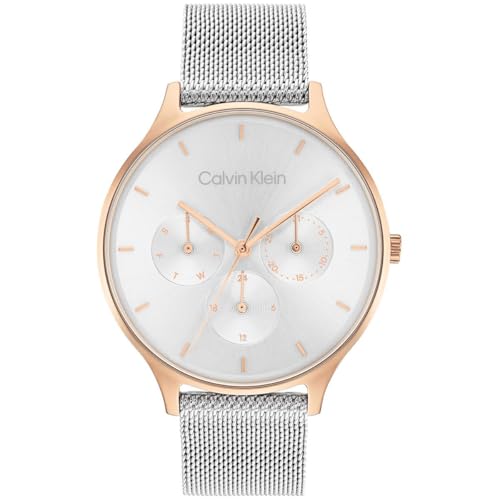 Imagen de Calvin Klein Reloj Analógico de Cuarzo Multifunción para Mujer Colección Timeless Mesh MF con Correa de Malla de Acero Inoxidable Plateada 25200106
