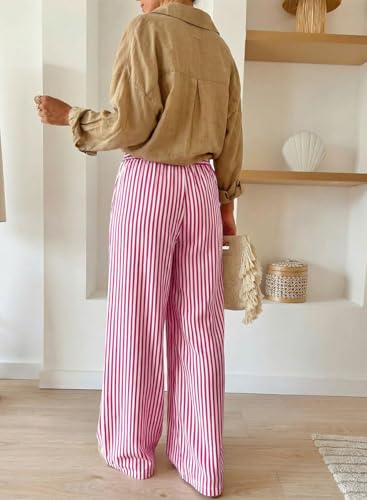 Image of Acelitt Women Casual Drawstring Elastic Waist Striped Wide Leg Pants with Pockets, S-XXL