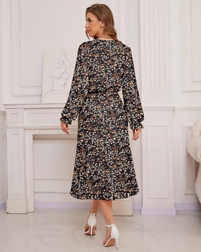 Image of CYiNu Women's Midi Dresses Long Sleeve Crew Neck Flowy Casual Floral Boho Tiered Chiffon Smocked Elegant Dress