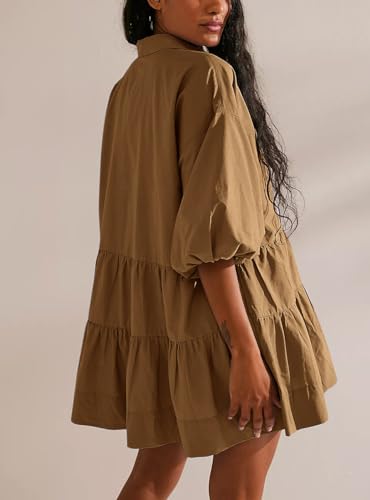 Image of chouyatou Women's Summer Puff Sleeve Tiered Tunic Babydoll Dress Cute Mini Button Down Shirt Dress