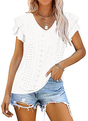 WNEEDU Camiseta Mujer Verano Manga Corta Volantes Ligera Camisas Cuello V Casual Blusa de Huecas