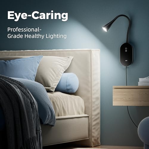 Image of deeloop LED Wall Mount Reading Lamp, CRI 95+ Wall Sconce Light with 10W USB Output,4 Color 5 Dimming Touch Control Wall Lamps with 4 Hours Auto-Off Bed Lighting Spotlight Black
