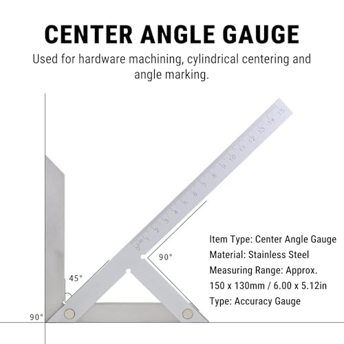 Zentrierwinkel Lineal, 150 x 130mm Zentrumsfinder Mittenfinder Mittenlehre, Mittelmarkierungslehre Zentrierwinkelsucher Winkelmessgerät 45° 90° Winkelmesser Mittellehre Zentrierlehre Anreißwerkzeug