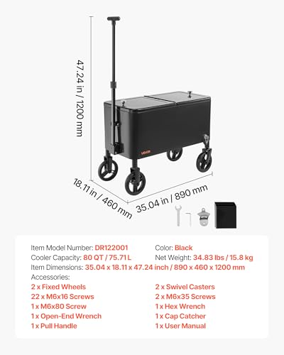 VEVOR Kühlwagen Getränkewagen 75,71 L bis zu 50 Flaschen/110 Dosen, Beistellwagen für Terrassenpartys und Bars mit KOR Teleskopgriff & Flaschenöffner & Kronkorkensammler, Getränkekühler Schwarz