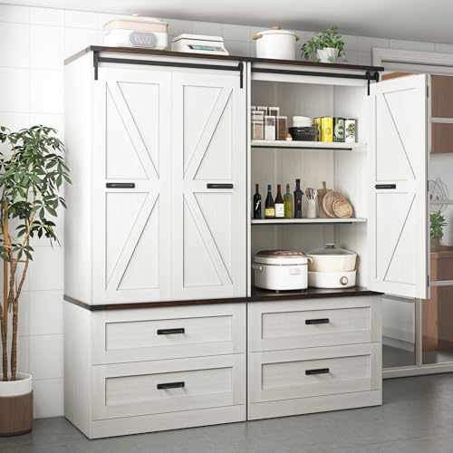 Hlivelood 72\" Tall Storage Cabinet with Barn Doors & 2 Drawer, Pantry Cabinet with Adjustable Shelves, Rustic Wood Cupboard for Kitchen, Dining Room, Living Room, White - Thumbnail 3