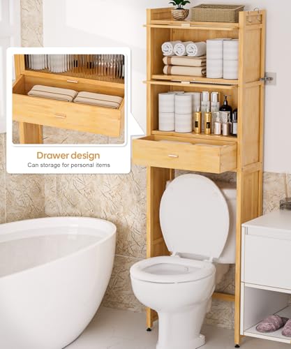 Cozivolife Over The Toilet Storage Cabinet with Drawer and Flip Door, Bamboo Bathroom Organizer Shelf with Anti-Tip Design and Waterproof Feet Pad,Freestanding Rack Above WC Space Saver (Natural)