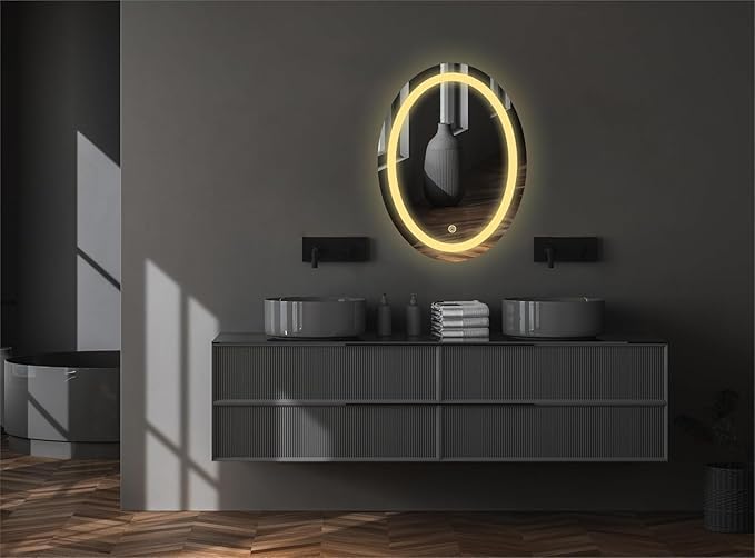 - GWEN Round Inch Wall-Mounted LED Mirror with Smart Sensor and 3-Color Light (Warm, White, Natural) | Light, Wash Basin Wall, Fancy Washbasin,Smart LED Design Size 17.75 x 23.75 Inch (1, Ovel_3)