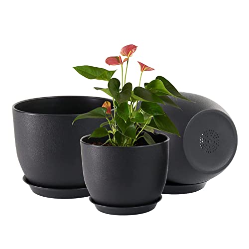 Fiason 10/9/8 Inch Black Plant Pots, Plastic Flower Pots With Drainage Holes And Saucers, A Set Of 3 Planters Suitable For Indoor And Outdoor #TOP3