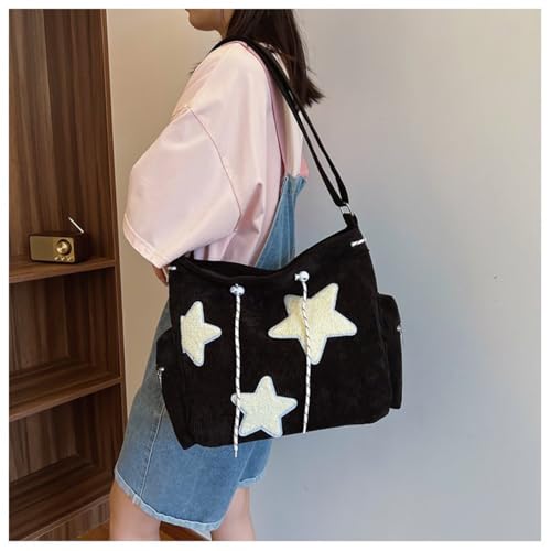 Image of Y2K Star Hobo Bag for Women - Corduroy Drawstring Crossbody Bag, Aesthetic Travel Shoulder Tote (Black)
