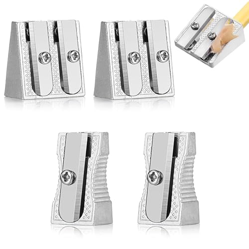DILUSILK - Lot de 4 taille-crayons, 2 taille-crayons à double trou et 2 taille-crayons en métal à trou unique, pour l'école, le bureau, la papeterie, facile à utiliser et facile