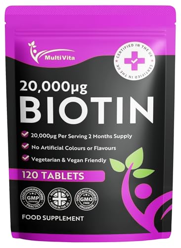 Biotin 20000 mcg Per Serving – 120 Vegan Tablets 2 Per Day not Capsules or Gummies – High Strength Biotin Supplement for Healthy Hair Growth, Skin & Nails – UK Made Vitamin B7 Tablets