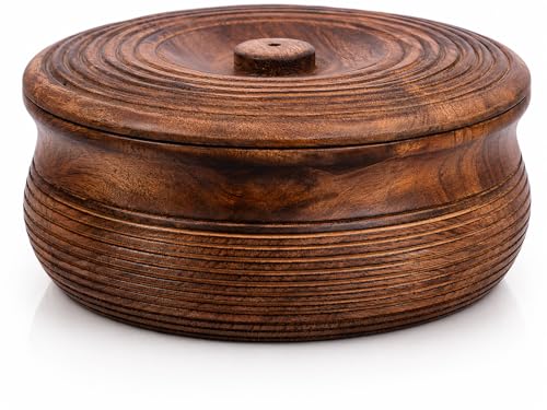 Handcrafted Wooden Mexican Tortilla Warmer Basket Indian Chapati Roti Bread Holder Box Pancake Keeper Serveware Hot Pot Casserole Dish With Lid Home Kitchen Dining Decor, Natural Brown, 9 x 3.5 Inches