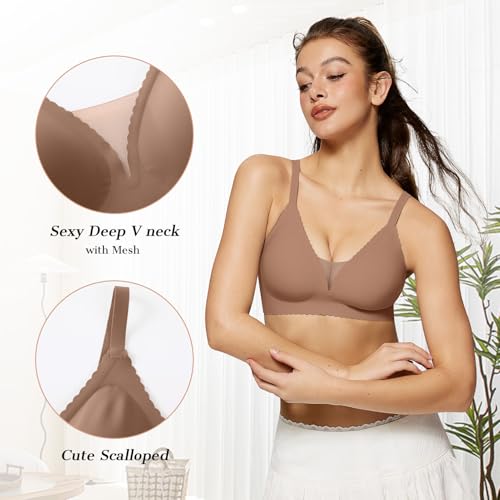 Image of OEAK Womens Comfortable Bras Wireless Bras Push Up Bralettes Scalloped Mesh Bras Seamless Tshirts Bras Deep V Everyday Bras