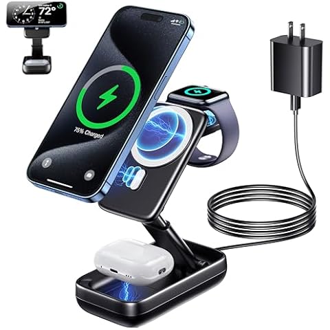 3 in 1 Foldable Wireless Charging Station for Apple Devices 20W Fast Mag-Safe Charger Stand Magnetic Wireless Charger for iPhone 15 14 13 12 Series AirPod iWatch Charger Multiple Devices Adapter Cover