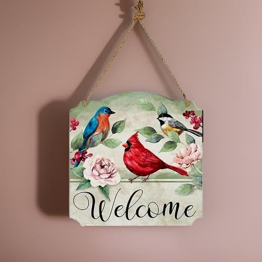 Carson Letrero decorativo de bienvenida colgante de pájaro cantor – Cartel de bienvenida de metal para decoración de puerta – Cartel de bienvenida floral para interiores y exteriores – Cartel de