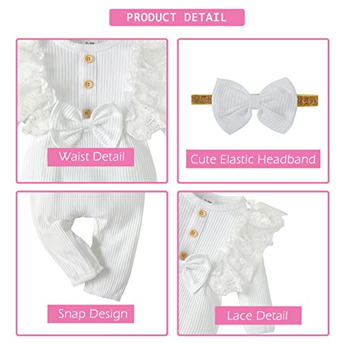 Aoouzids Newborn Baby Girl Clothes Romper Onesie Lace Ruffle Jumpsuit Button Solid Color Cute Infant Girl Outfits With Headband (3-6 M,White) #TOP5