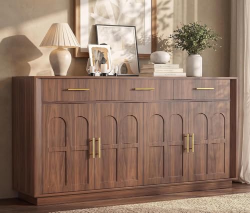 CORAZAZA Sideboard Buffet Cabinet with 3 Drawers, 59" Modern Accent Cabinet with Arched Doors,Wood Media TV Console Table Credenza for Living Room Dining Room Hallway Entryway(Walnut)