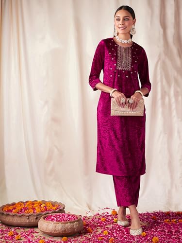 Image of Women's Velvet Floral Embroidered Straight Kurta | Round Neck Three-Quarter Sleeve Calf Length Kurti with Thread Work