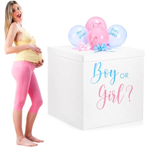 Kolldenn 28 Inches Jumbo Gender Reveal Gift Box With Lid Kit, Extra Large White Gift Box With Boy Or Girl Balloon, Stickers And Giant Pull Bows For Gender Reveal Birthday Party Decor Baby Shower