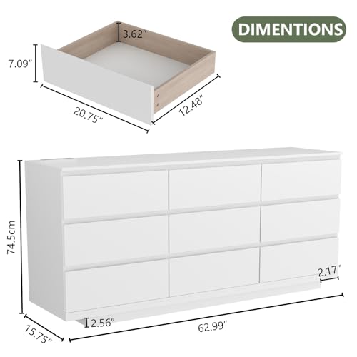 Gyfimoie 9 Drawer Dresser with Power Outlet, Floating White Dresser Chest of Drawer with LED Light,Modern Double Wide Drawer Organizer Cabinet for Bedroom,Living Room (9 Drawer-White)