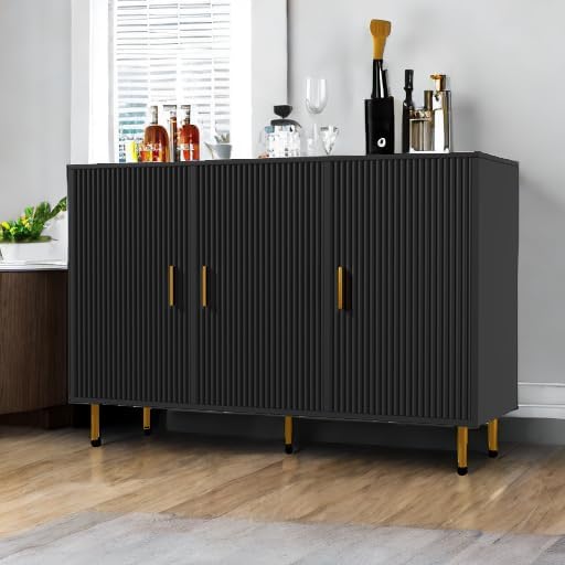 Miniatura 5 de Aparador Buffet Negro, Gabinete Barra de Café de Acento con 3 Puertas, Gabinete de Entrada para Sala de Estar, Cocina, Pasillo