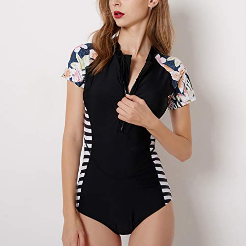Swsmclt Women's Zip Rash Guard Shirt Short Sleeve Rashguard Swimsuit One Piece Bathing Suit Surfing Modest Zipper Surf Suit Swimwear For Teen Girl Striped Floral Tropical Black 1 Small #TOP1